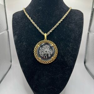 Cancer 1970’s Trifari Gold Zodiac Reverse Etched Glass Medallion Necklace